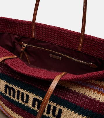 Striped woven raffia-effect tote bag | Miu Miu