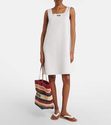 Striped woven raffia-effect tote bag | Miu Miu