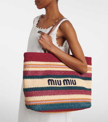 Striped woven raffia-effect tote bag | Miu Miu