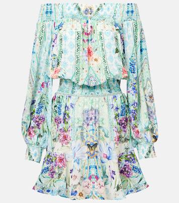 Robe imprimée en soie à encolure bardot | Camilla