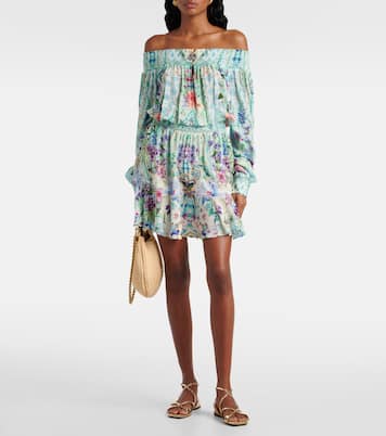 Robe imprimée en soie à encolure bardot | Camilla