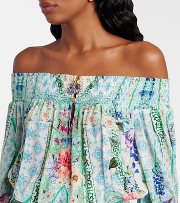 Robe imprimée en soie à encolure bardot | Camilla