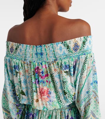 Robe imprimée en soie à encolure bardot | Camilla