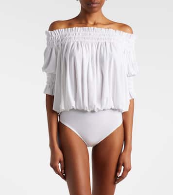 Off-shoulder smocked bodysuit | Norma Kamali
