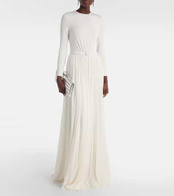 Shirred leather-trimmed maxi dress | Ralph Lauren Collection