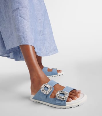 Verzierte Sandalen Slidy Viv' aus Denim | Roger Vivier