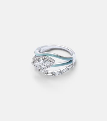 خاتم من الذهب الأبيض 18 قيراط مع الألماس والمينا | Kamyen