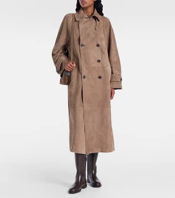 Double-breasted paneled suede coat | Brunello Cucinelli