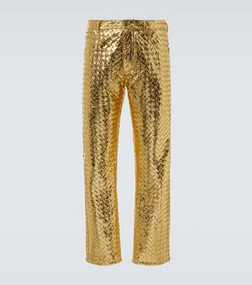 Pantalones rectos de piel Intrecciato metalizada | Bottega Veneta