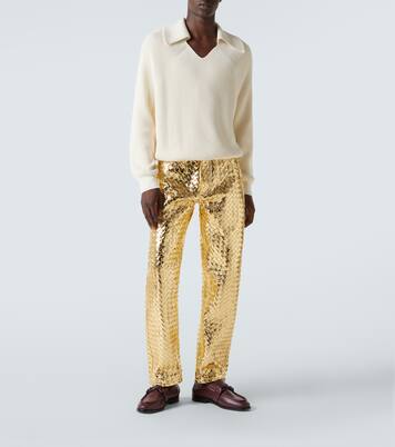 Pantalones rectos de piel Intrecciato metalizada | Bottega Veneta