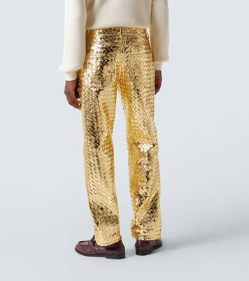 Pantalones rectos de piel Intrecciato metalizada | Bottega Veneta