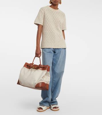 Andiamo Large leather-trimmed canvas tote bag | Bottega Veneta
