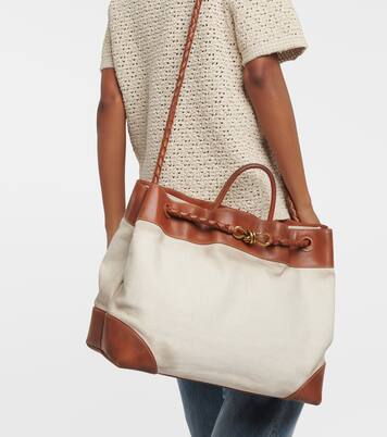 Andiamo Large leather-trimmed canvas tote bag | Bottega Veneta