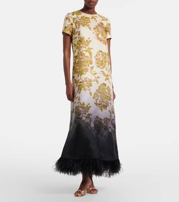 Swing feather-trimmed floral silk twill maxi dress | La DoubleJ