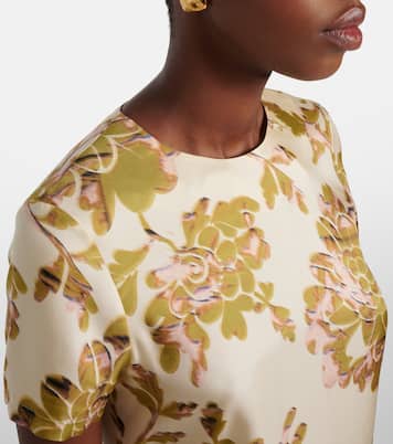 Swing feather-trimmed floral silk twill maxi dress | La DoubleJ