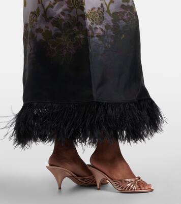 Swing feather-trimmed floral silk twill maxi dress | La DoubleJ