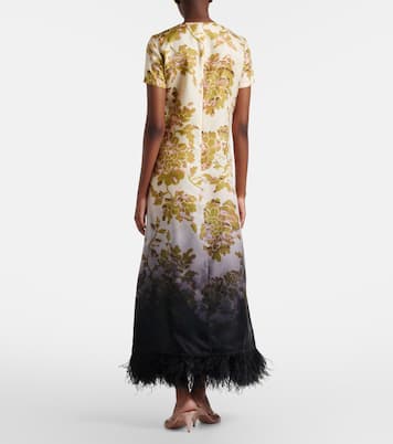 Swing feather-trimmed floral silk twill maxi dress | La DoubleJ