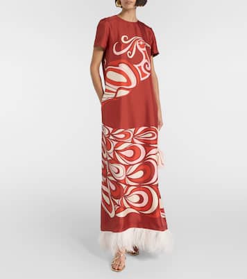Swing feather-trimmed silk maxi dress | La DoubleJ