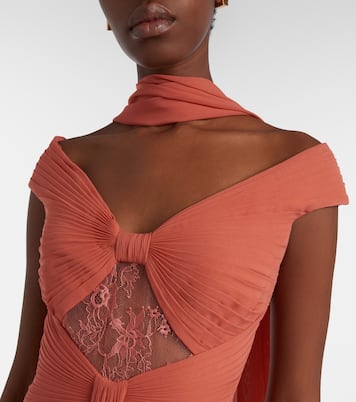 Gathered lace-trimmed silk gown | Elie Saab