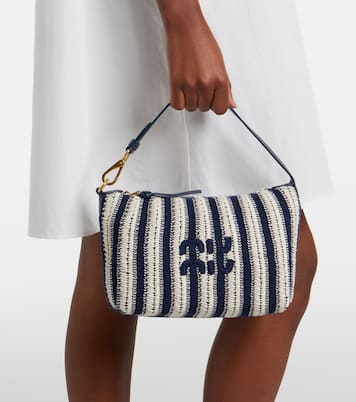 Striped leather-trimmed crochet shoulder bag | Miu Miu