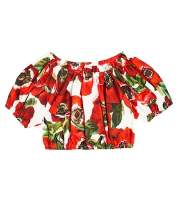 Floral off-shoulder cotton crop top | Dolce&Gabbana Kids