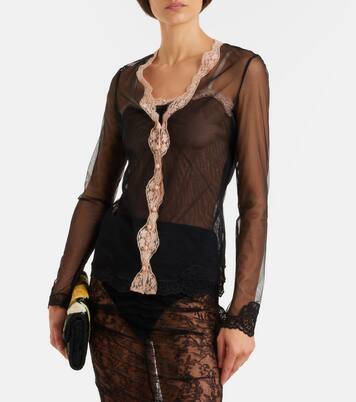 Lace-trimmed sheer mesh shirt | Valentino