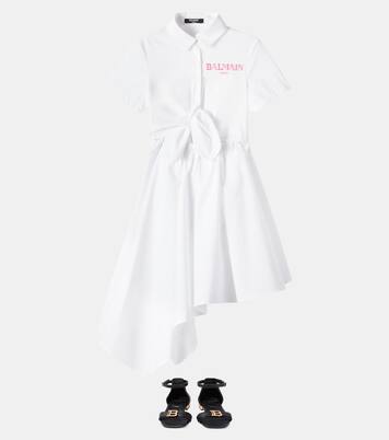 Logo asymmetric cotton shirt dress | Balmain Kids