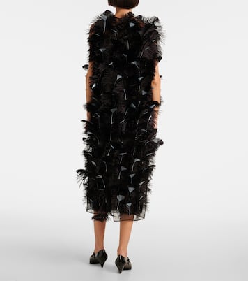 Abito midi in organza di seta con piume | Prada