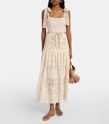 Indra束带棉质蕾丝中长连衣裙 | Zimmermann