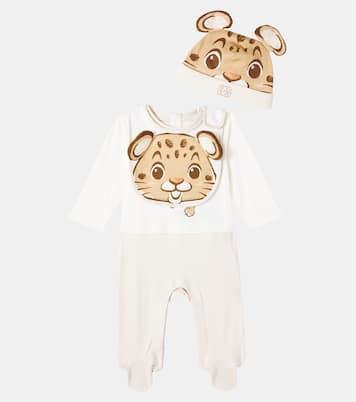 Baby set of printed cotton romper, bib and cap | Dolce&Gabbana Kids