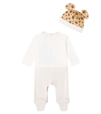 Baby set of printed cotton romper, bib and cap | Dolce&Gabbana Kids
