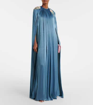 Embellished pleated caped bustier gown | Costarellos