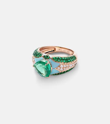 Pinky Ring Oasis aus 18kt Roségold mit Emaille, Diamanten und Smaragden | Kamyen