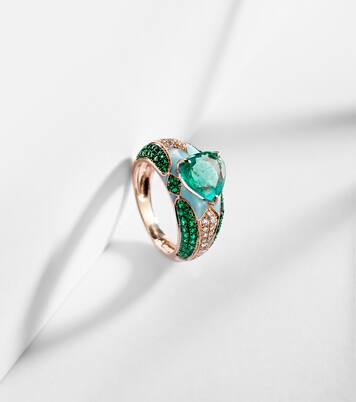 Pinky Ring Oasis aus 18kt Roségold mit Emaille, Diamanten und Smaragden | Kamyen