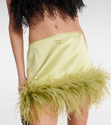 Feather-trimmed satin miniskirt | Miu Miu