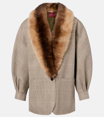 Checked shearling-trimmed wool jacket | Gucci
