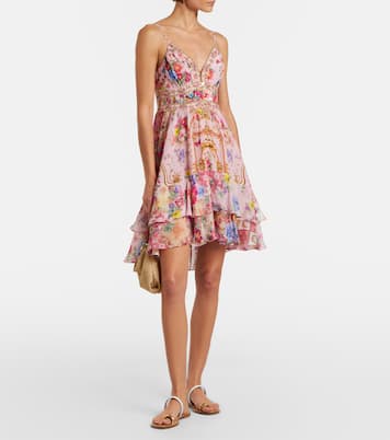 Vestido corto de seda floral adornado | Camilla