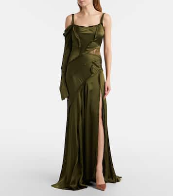 Robe longue asymétrique en satin à dentelle | Blumarine