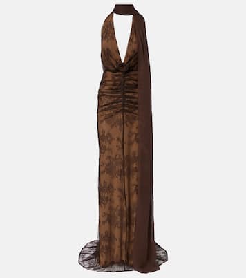 Amora scarf-detail ruched lace maxi dress | De La Vali