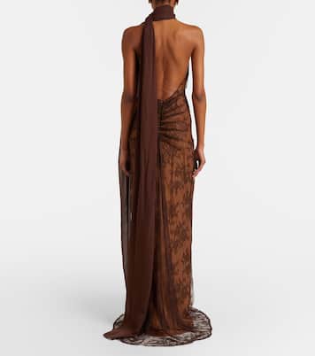 Amora scarf-detail ruched lace maxi dress | De La Vali