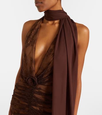 Amora scarf-detail ruched lace maxi dress | De La Vali