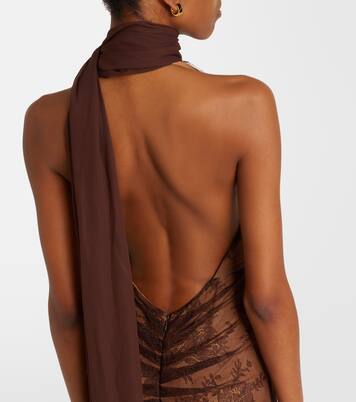 Amora scarf-detail ruched lace maxi dress | De La Vali