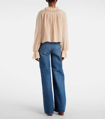 Shirred cropped lace-trimmed silk blouse | Chloé