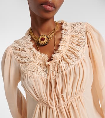 Shirred cropped lace-trimmed silk blouse | Chloé