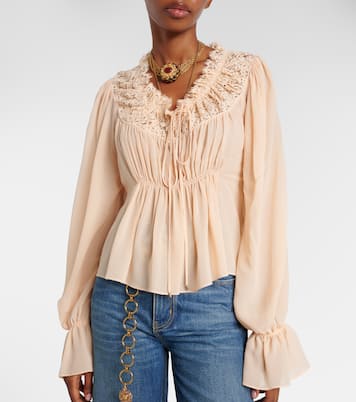 Shirred cropped lace-trimmed silk blouse | Chloé