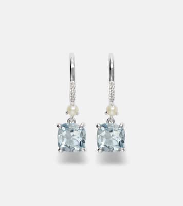 14kt white gold earrings with aquamarines, pearls, and diamonds | Stone and Strand