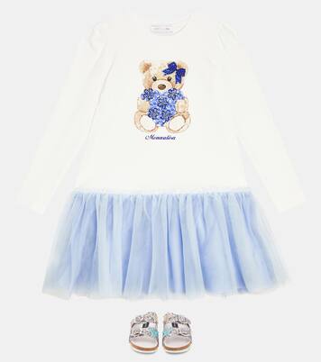 Printed cotton jersey tulle-trimmed dress | Monnalisa