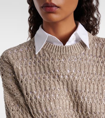 Pullover aus Leinengemisch mit Pailletten | Brunello Cucinelli