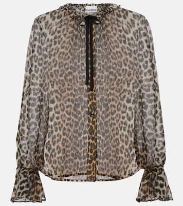 Leopard-print tie-neck chiffon blouse | Ganni