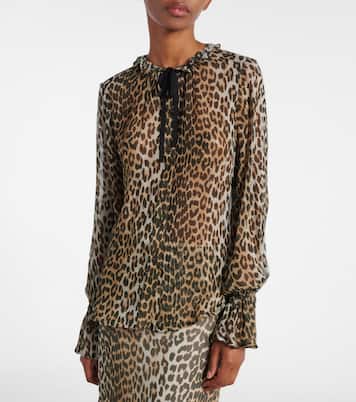 Leopard-print tie-neck chiffon blouse | Ganni